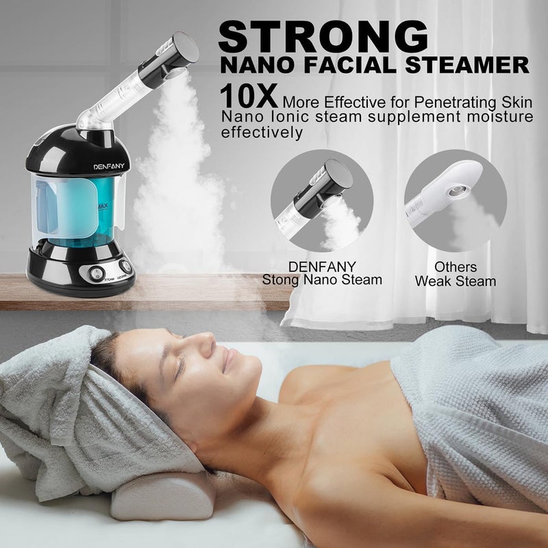 DENFANY Facial Steamer - Nano Ionic Face Steamer with Extendable 360° Rotating Arm - Portable Facial Steamer for Personal Care at Home or Salo (Black) - Image 3